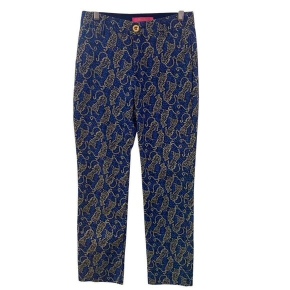 Lilly Pulitzer Cropped Dress Pants – Size 0 – Blue & Gold Cat Print - Picture 2 of 6